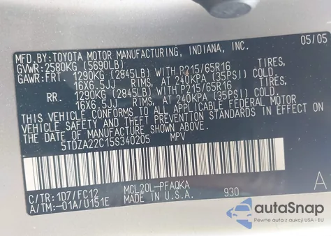 2005 Toyota Sienna Xle z USA, uszkodzony, nr VIN 5TDZA22C15S340205